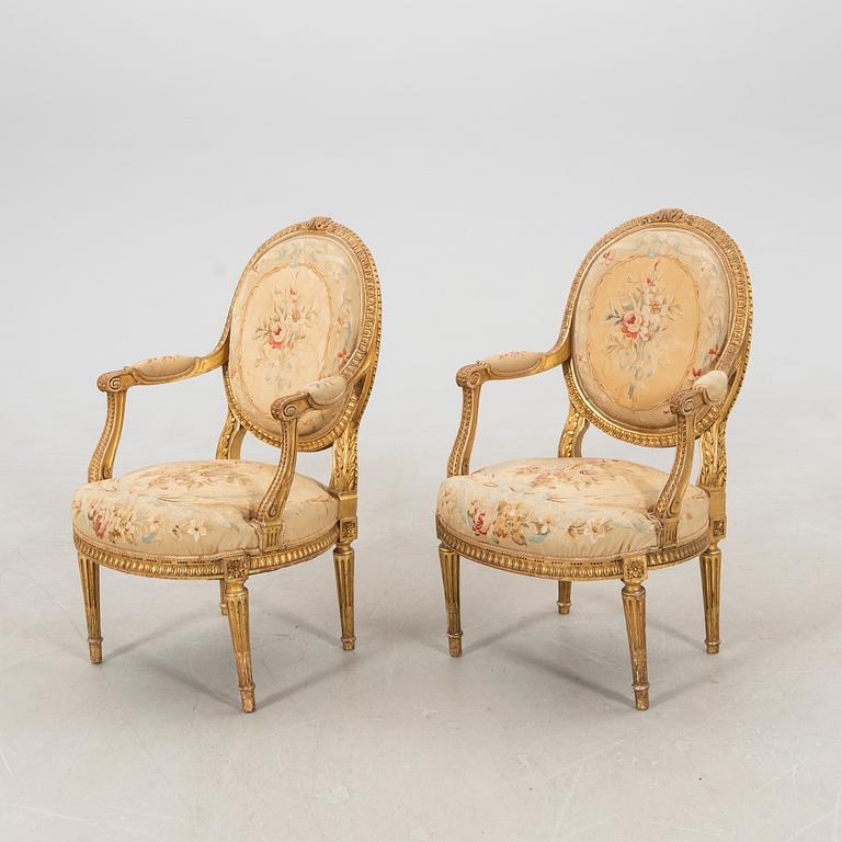 Sofa set, 3 pieces, Louis XVI style, circa 1900.