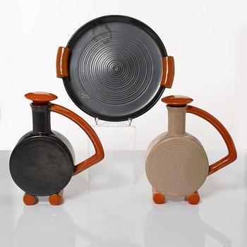 Two ceramic decanters and a dish, Höganäs, 1930s/40s.