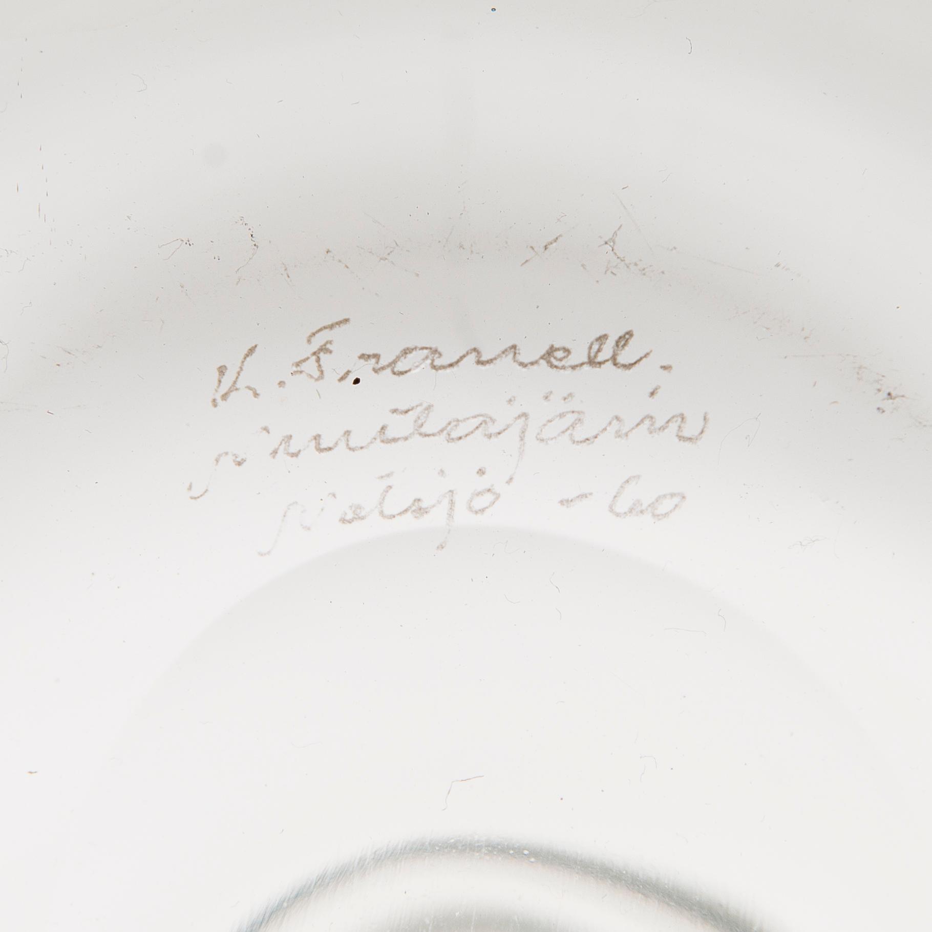 A decanter 'The Bells of Kremlin', signed K. Franck, Nuutajärvi, Notsjö -60.