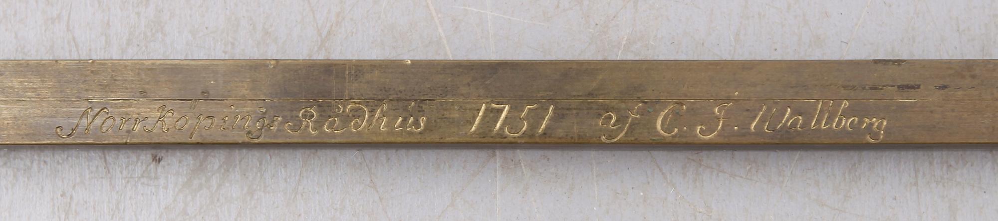 MÄTSTICKA, mässing, märkt Norrköpings Rådhus 1751 af CF Wallberg.