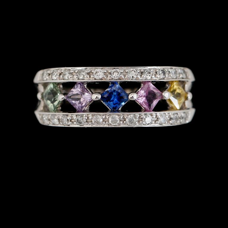 RING, 10K vitguld, diamanter tot ca 0.25 ct och flerfärgade safirer. Total vikt ca 4 g.