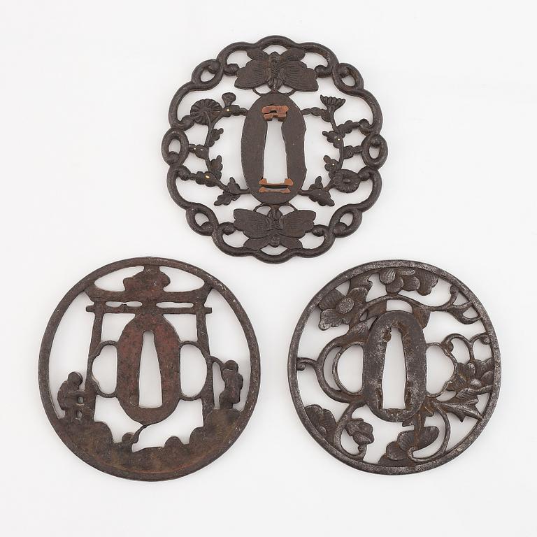 Three Japanese iron tsubas, Edo, 19th century.