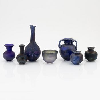 Bengt Heintze, a group of six glass vases and a bowl, Kosta, 1980's.