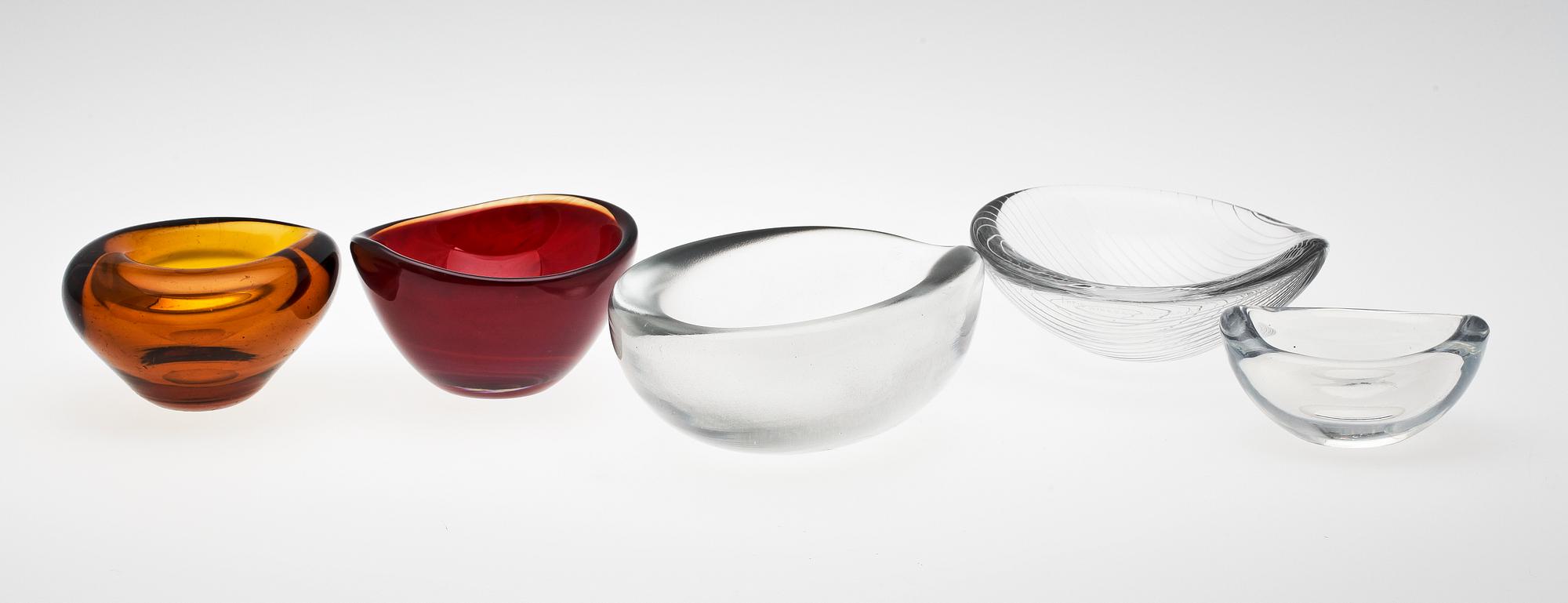 SKÅLAR, 5 st, glas, bl a Tapio Wirkkala och Kaj Franck, Iittala, sign.