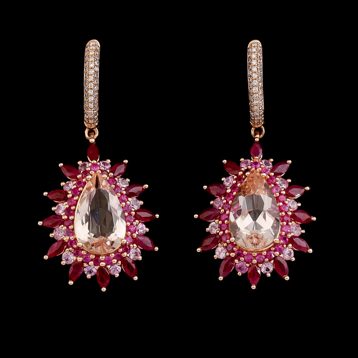 ÖRHÄNGEN, 1 par, 18 k roséguld, briljantslipade diamanter, safirer, rubiner och morganiter.