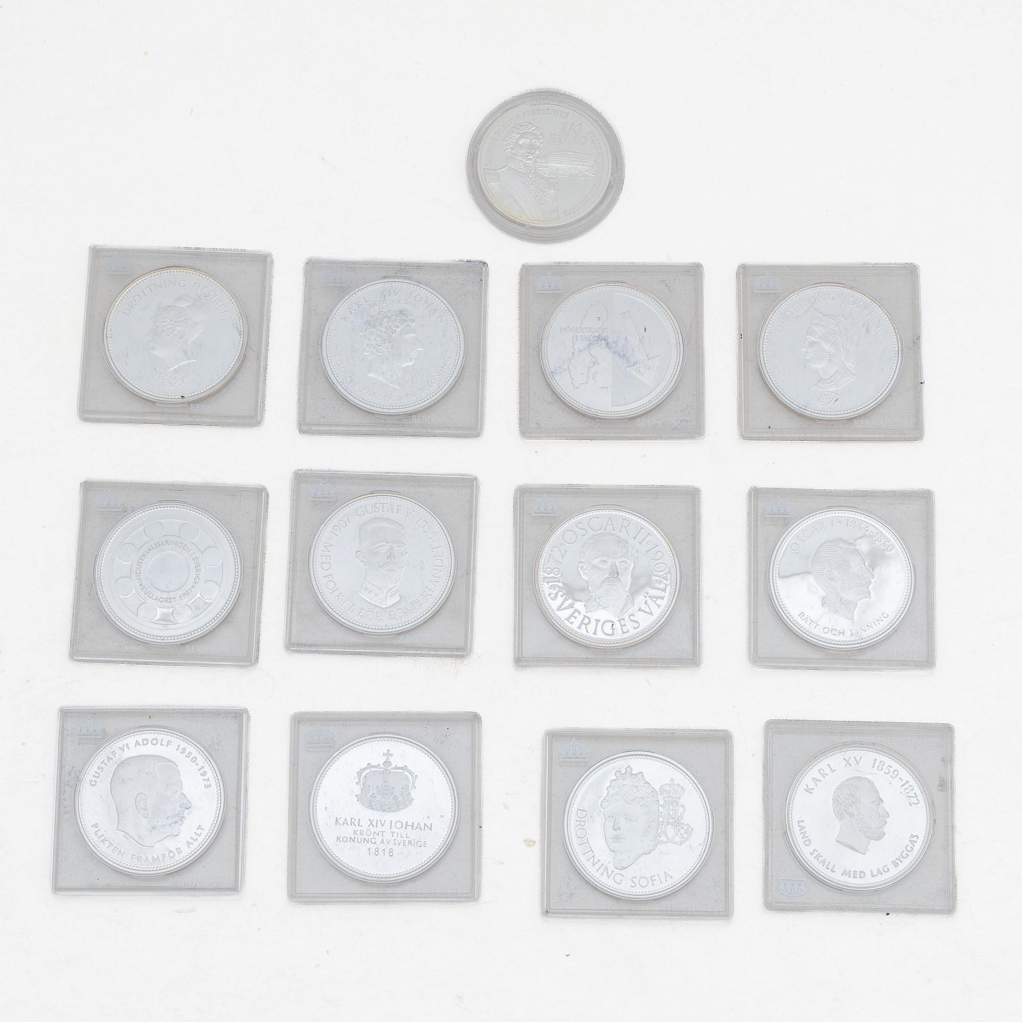 Medaljer, 13 st, sterlingsilver, "Konungaätten Bernadotte", Mynthuset Sverige.