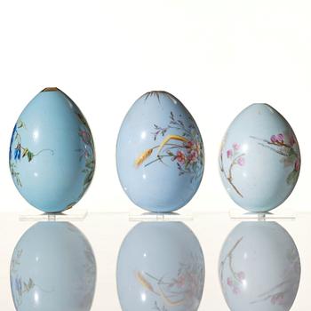 Three Russian porcelain Easter Eggs, circa 1890-1900, presumably Imperial Porcelain Manufactory, St Petersburg.