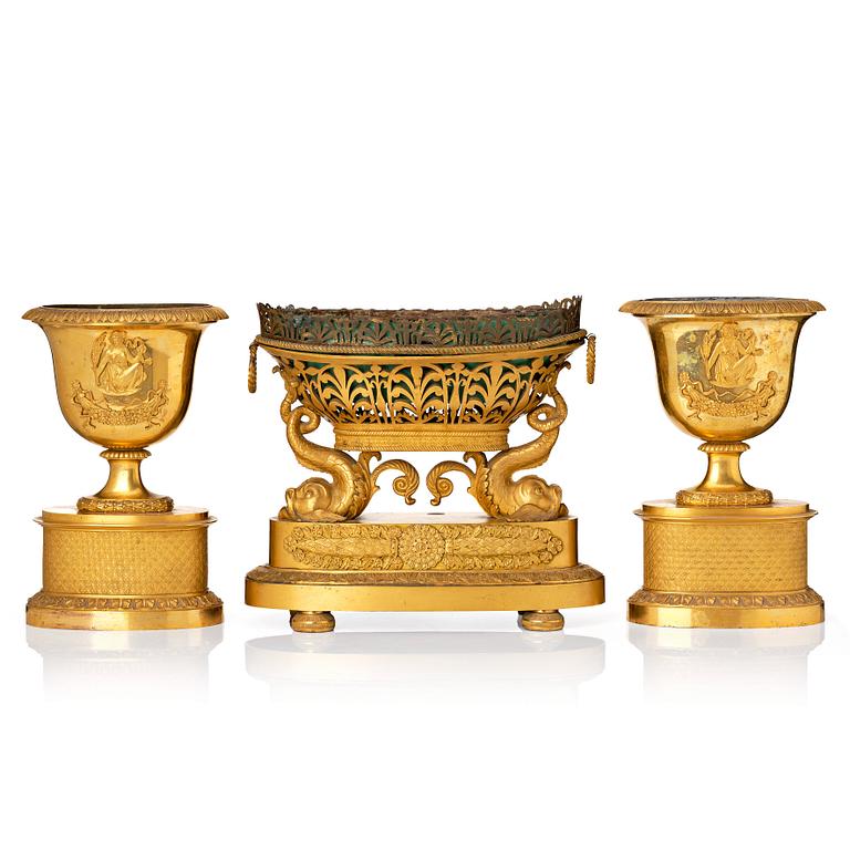 A set of three French Empire early 19th century gilt bronze centre pieces.
