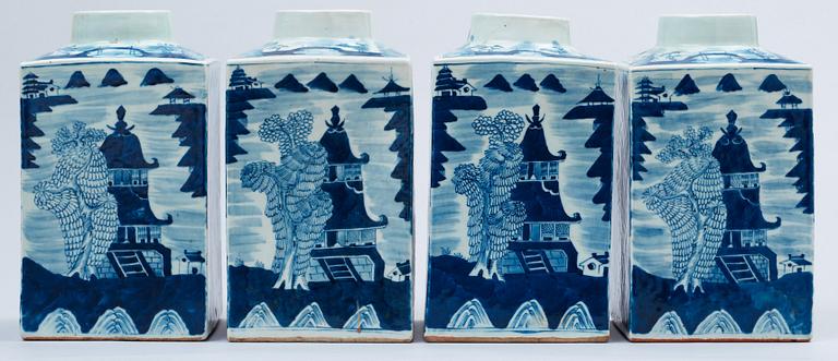 A set of four blue and white large tea caddies in a wooden box, Qing dynasty, circa 1900.