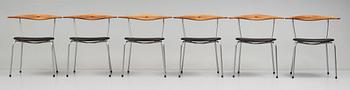 Hans J. Wegner, a set of six "JH-701" oak and black leather chairs by Johannes Hansen, Denmark.