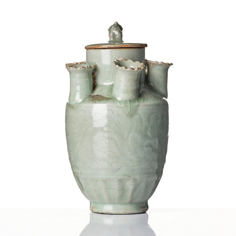 A rare celadon vase with cover and five spouts and cover, Song dynasty (960-1279).