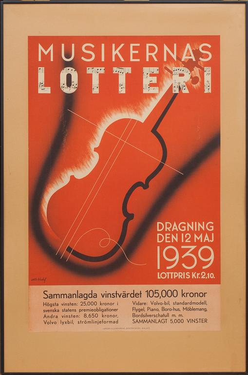 AFFISCH, Nils Wedel, efter. "Musikernas Lotteri" Bär datering 1939.