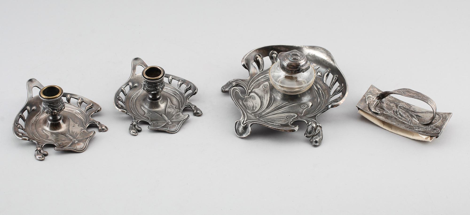 SKRIVSET, 3 delar, metall, WMF (Württembergische Metallwarenfabrik), tidigt 1900-tal.