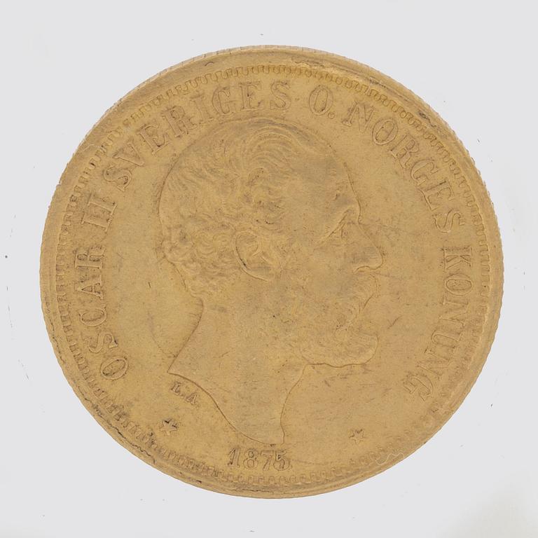 A gold coin, 20 swedish kronor, 1875, weight c 9 g.