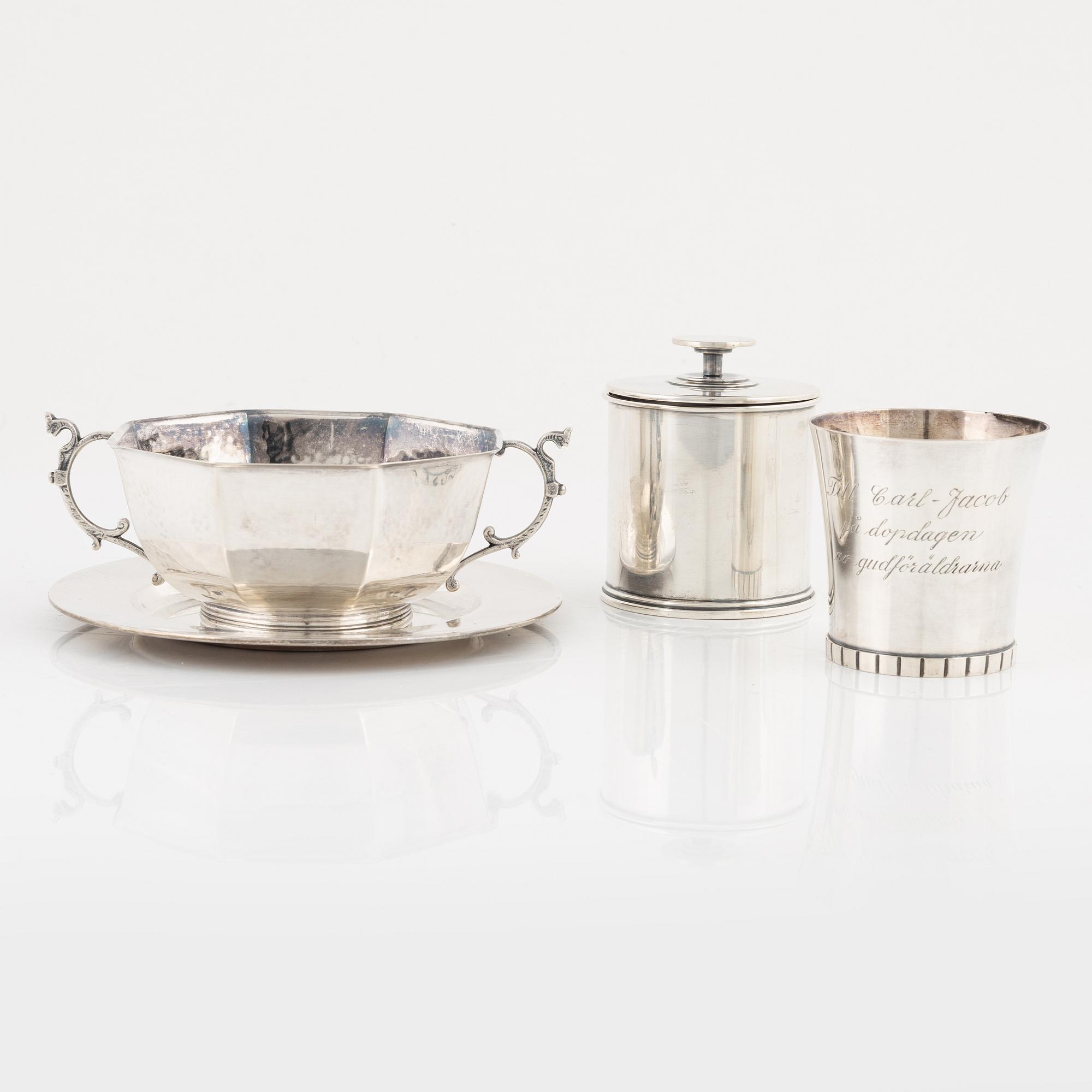 A Swedish silver Bowl, Dish, Beaker and Lided Box.