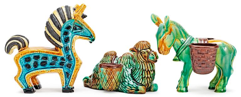 Three Gunnar Nylund stoneware figures, a horse, a donkey and a camel, Rörstrand.