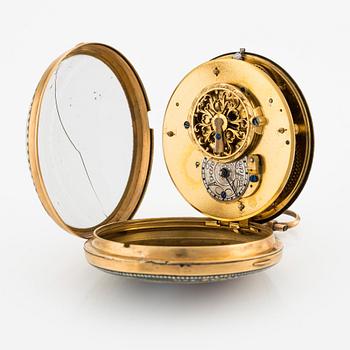 A Swiss or Hanau gold and enamel case pocket watch, first part of the 19th century.