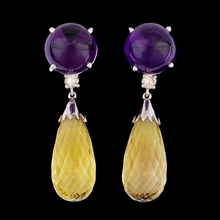 A pair of lime quarts, amethyst and brilliant cut diamond earrings, tot. 0.37 cts.