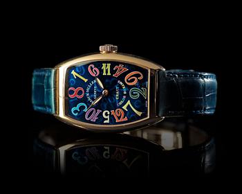 182. Franck Muller - Crazy Hours Color Dreams. Automatic. Gold / leather strap. 34mm x 43mm. ref. 7851CH.