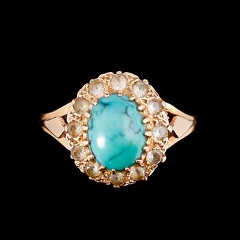 RING, 18 k guld, med turkos och vita stenar.