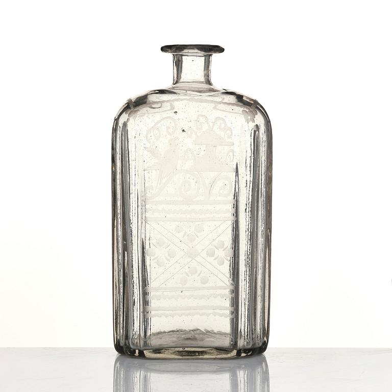 Flaska, glas. Troligen Skånska glasbruket, 1700-tal.