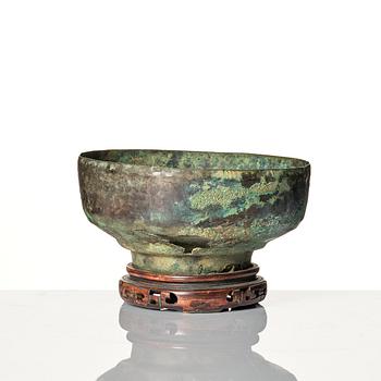 A bronze ritual wine vessel, jue and a bowl, possibly Shang and Ming dynasty.