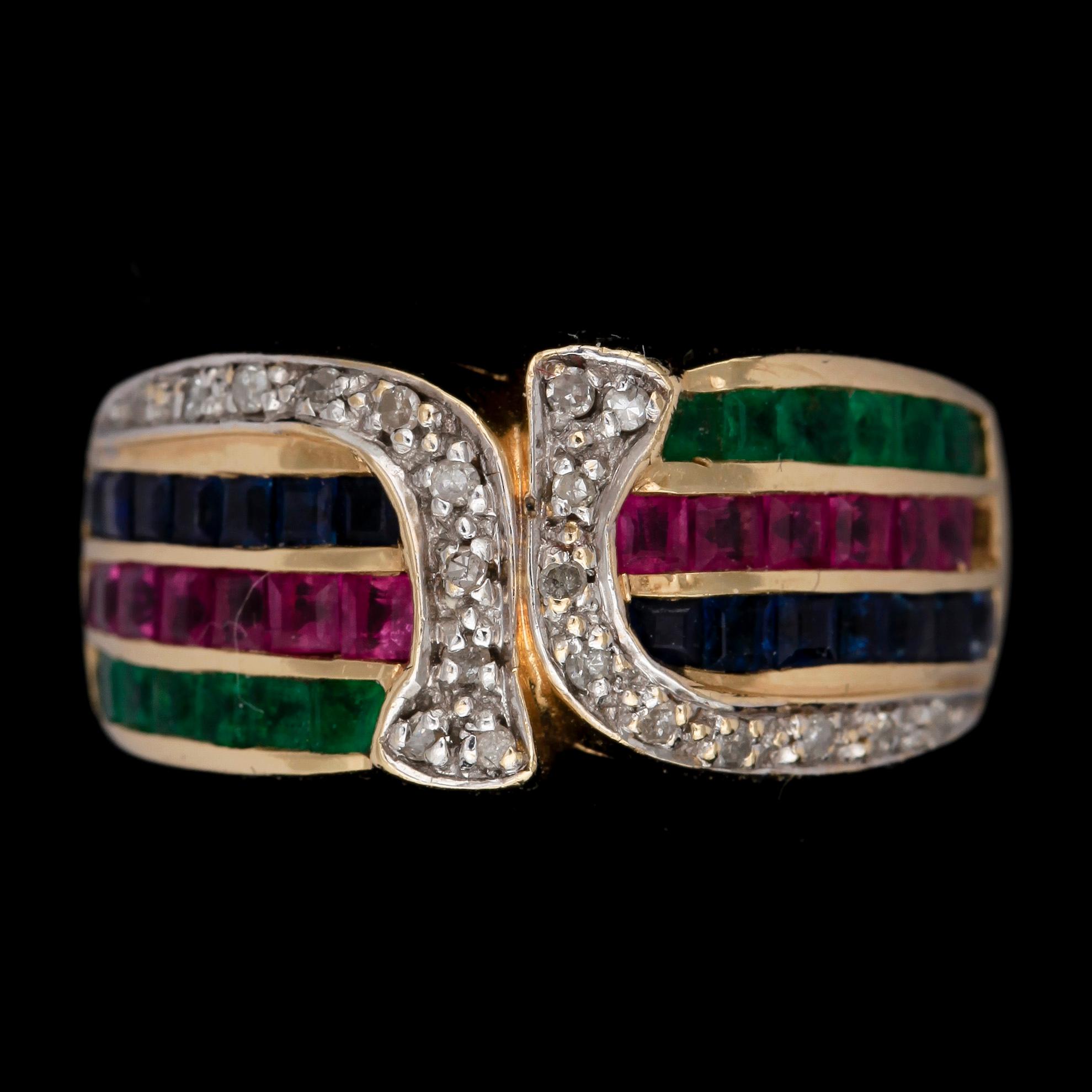 RING, 14k guld med fasettslipade safirer, rubiner, smaragder och mindre briljantslipade diamanter. Vikt ca 5,5g.