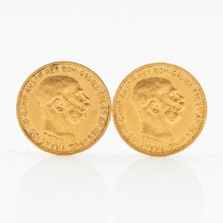 Gold coins, 2 pcs, 10 francs, 1911, Austria, Emperor Franz Joseph I.