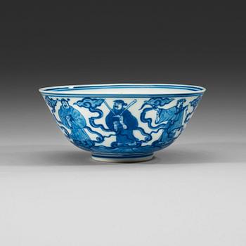 A set of six blue and white bowls depicting the eight immortals crossing the sea, late Qing dynasty with Qianlong mark.