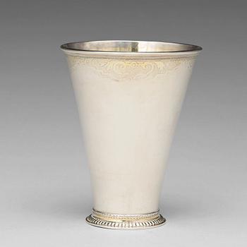 187. A Swedish 18th century parcel-gilt silver beaker, mark of Petter Lund, Nykoping 1736.