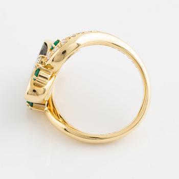 Opal, emerald and brilliant cut diamond ring.