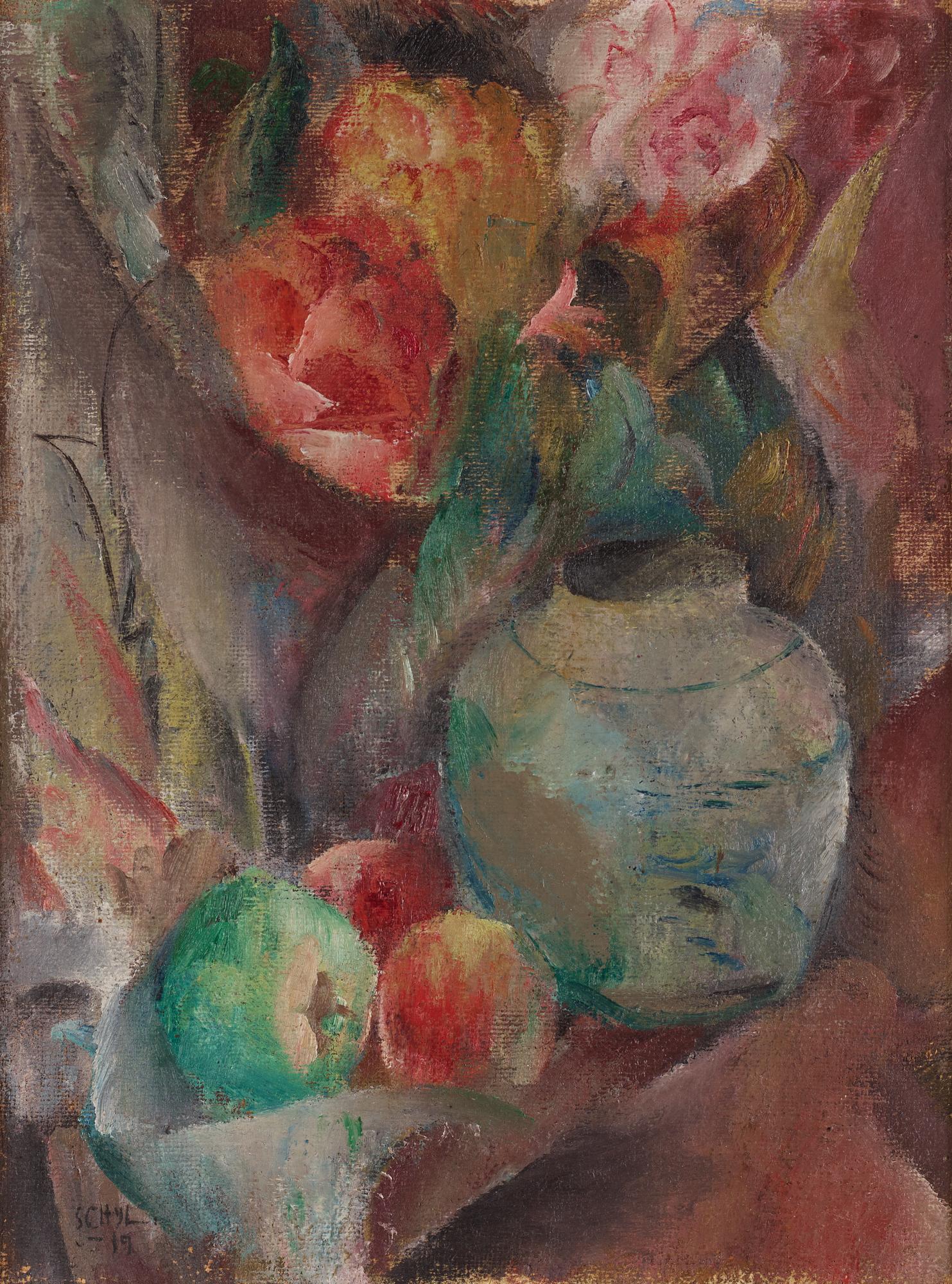 Jules Schyl, Stilleben med kruka och äpplen.