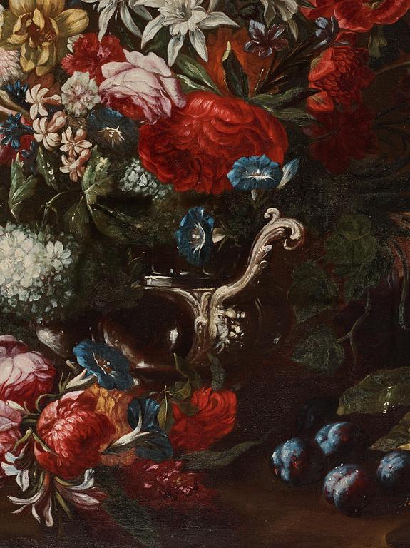Franz Werner von Tamm & Carlo Maratti, attributed to, Still life with flowers, grapes, and a woman in a landscape.