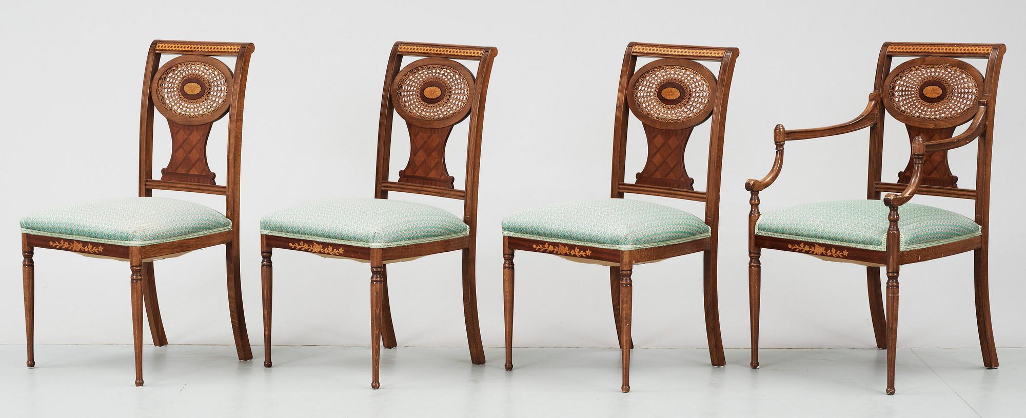 STOLAR, 3 st samt KARMSTOL, engelsk stil, tidigt 1900-tal.