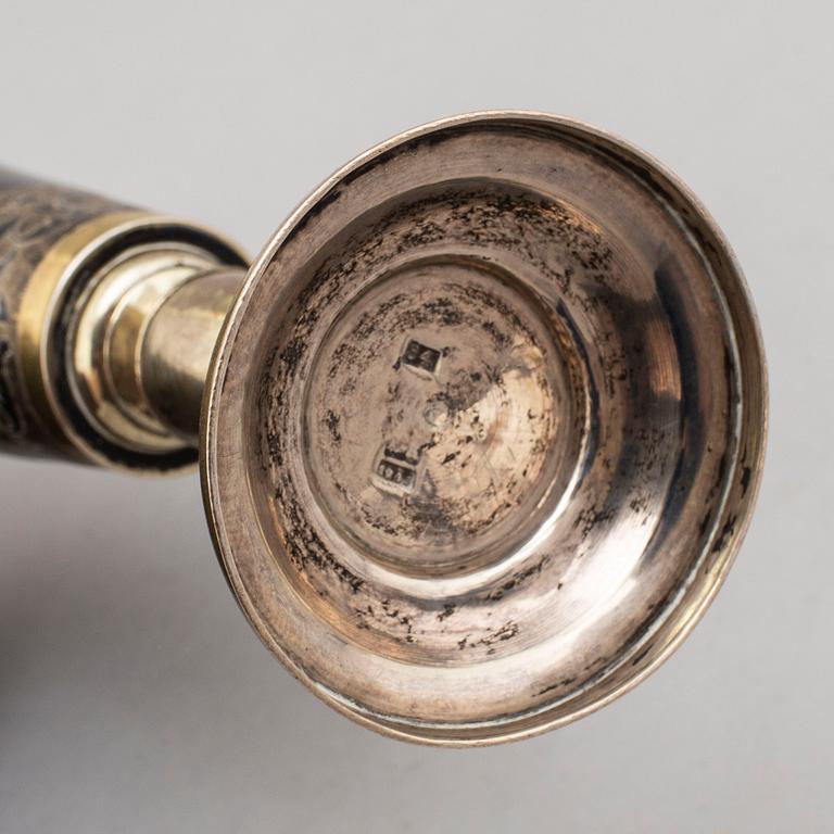 Two similar silver-gilt champagne flutes, unidentified makers mark, Moscow 1843.
