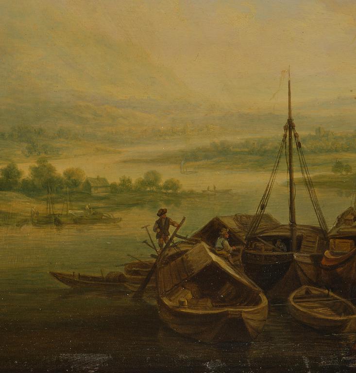 Christian Georg Schütz, Pastorala flodlandskap med figurer och båter, ett par.