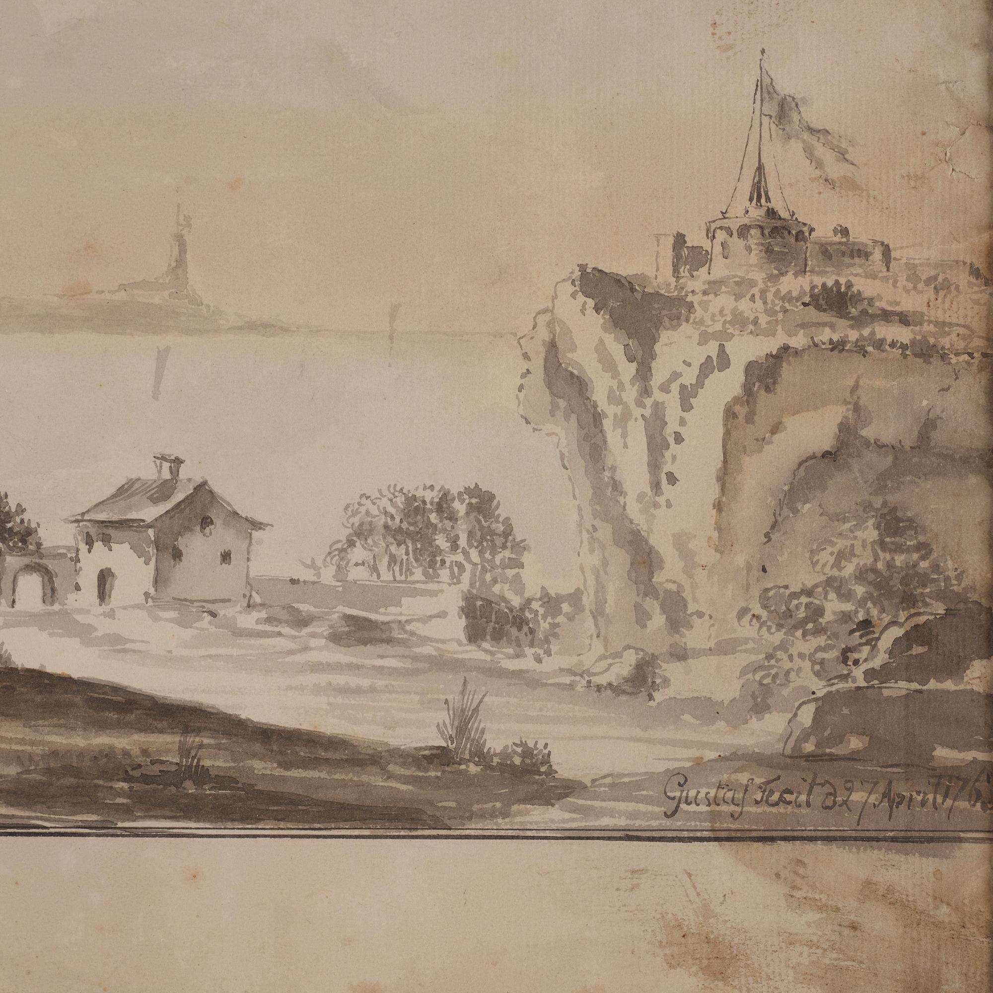 Gustaf III, Coastal landscape with figures and town.