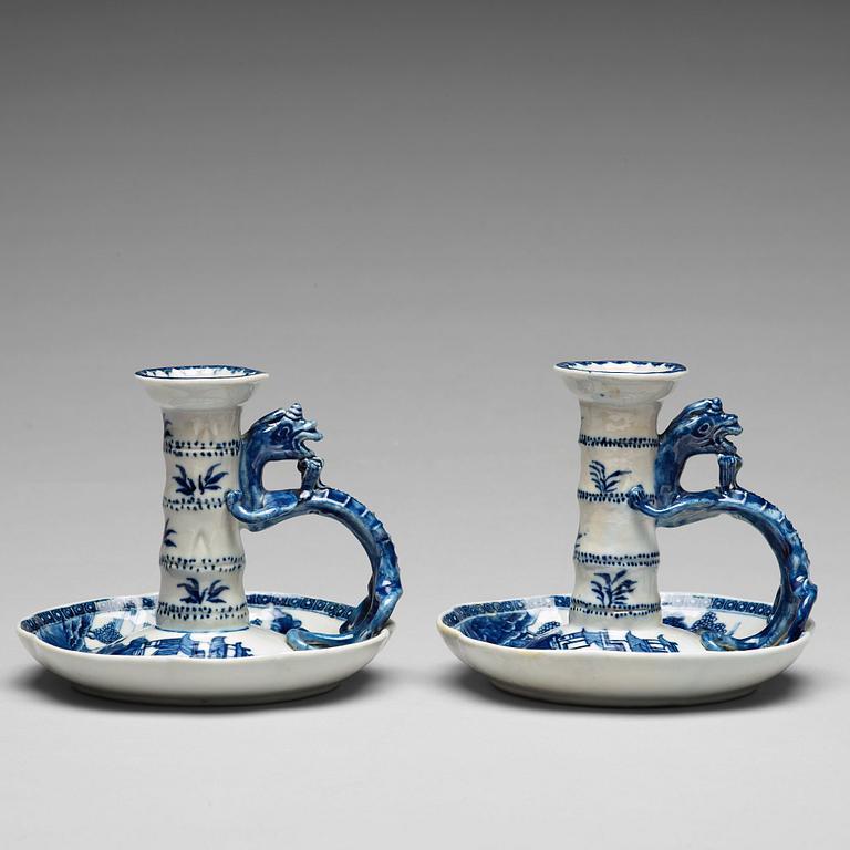 A pair of blue and white candle sticks, Qing dynasty, Qianlong (1736-95).