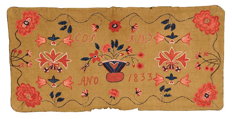 A carriage cushion, embroidered, ca 51-52 x 104,5-107 cm, signed and dated COS BMD ANO 1833, Scania.