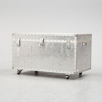 A large metal storage box on wheels, 20th Century.