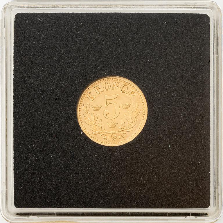 Guldmynt, Oscar II, 5 kronor, typ I, Sverige 1881.