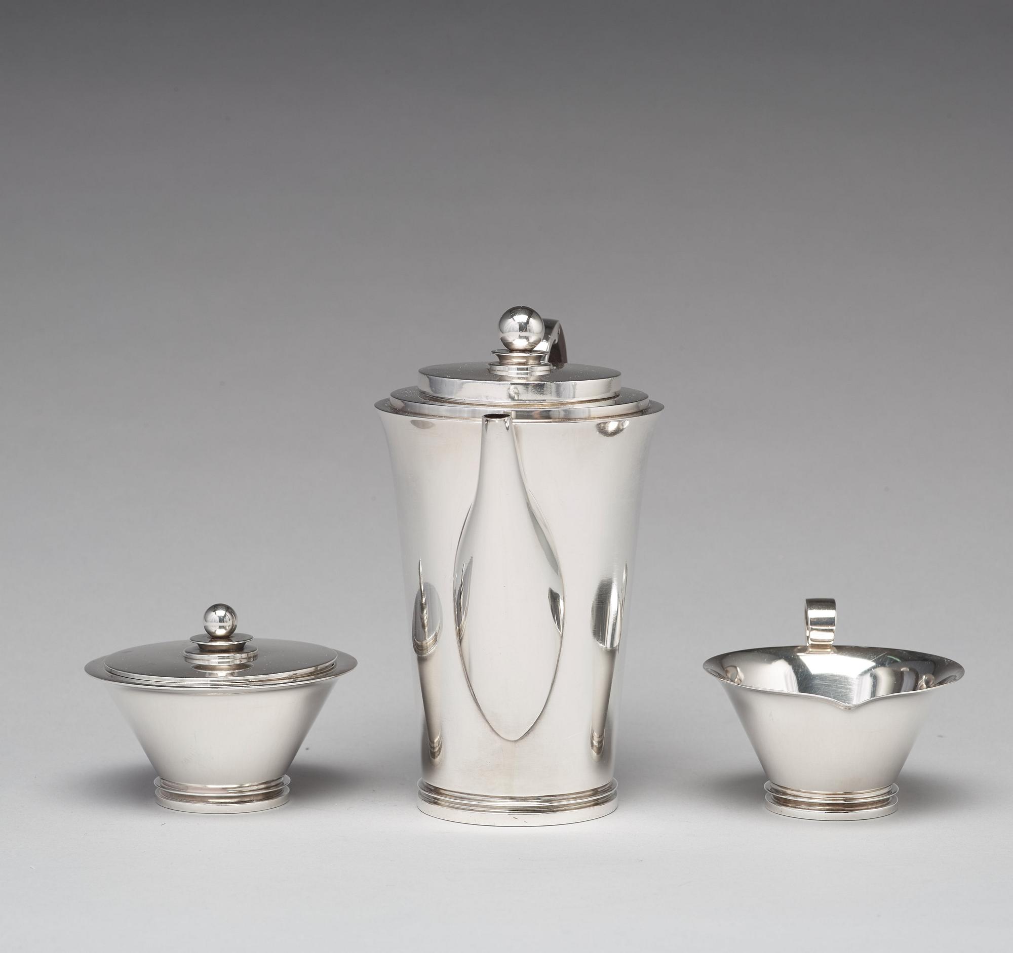 Harald Nielsen, a "Pyramid" sterling three pieces coffee service, Georg Jensen, Copenhagen 1933-44, designnr 600A,