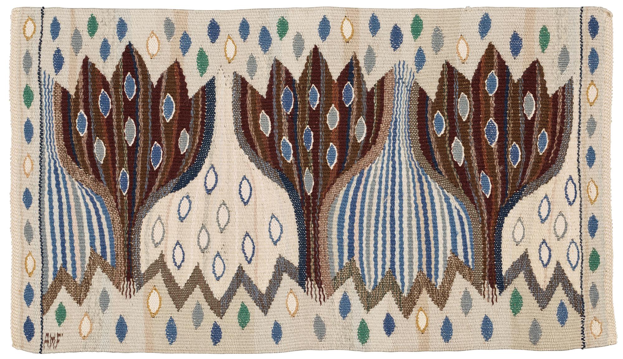 VÄVNAD. "Blå crocus". Gobelängvariant. 32,5 x 57,5 cm. Signerad AMF.