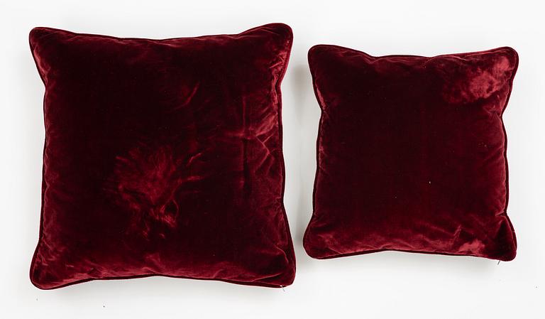 Cushions, two pieces, burgundy silk velvet.