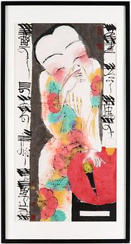 527. A painting of a young lady by Tong Zhengang (1959-), signed and with six red seals of the artist.