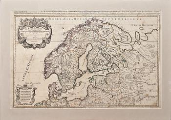 KARTA, HUBERT JAILLOT, kolorerad. "La Scandinavie" utförd 1681.