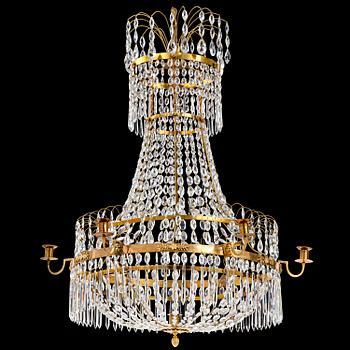 128. A late Gustavian gilt brass and cut glass seven-light chandelier, Stockholm, late 18th century.