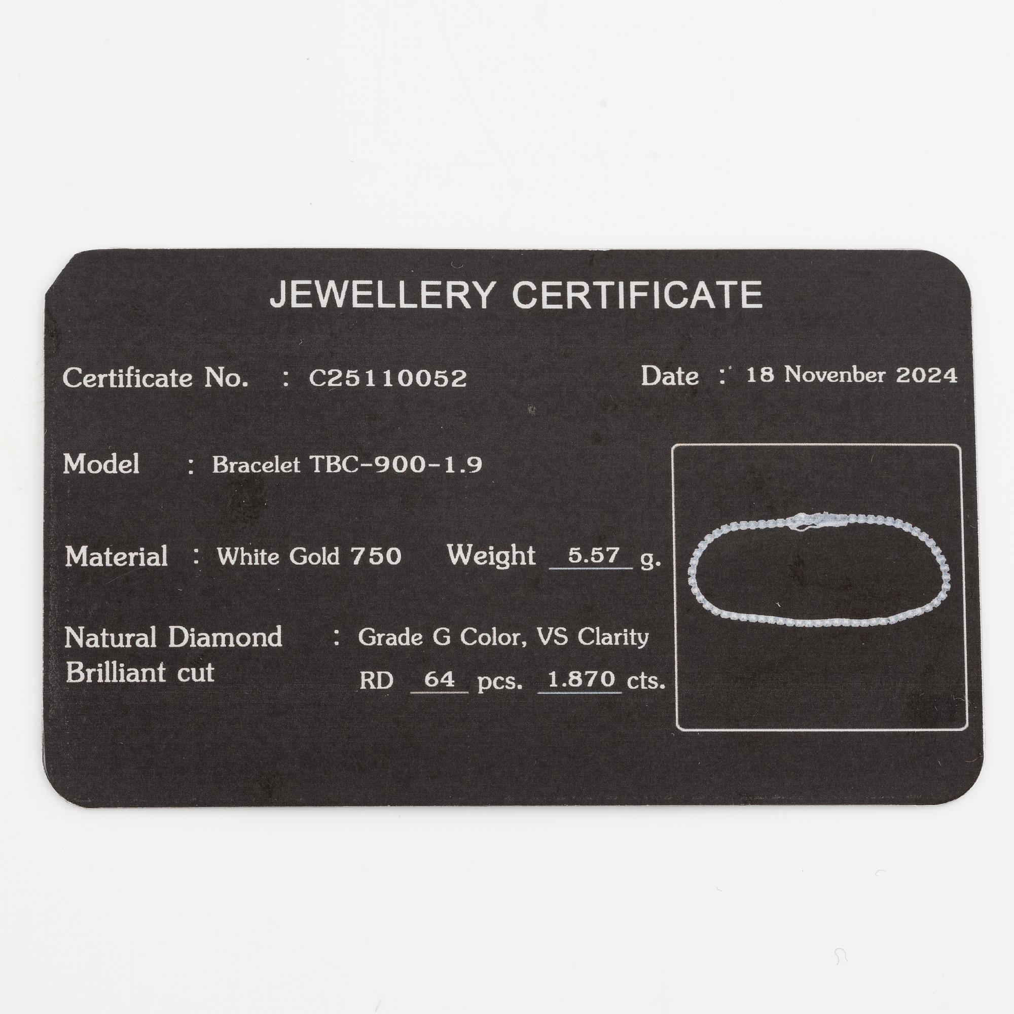 Tennis bracelet 18K white gold with brilliant-cut diamonds.