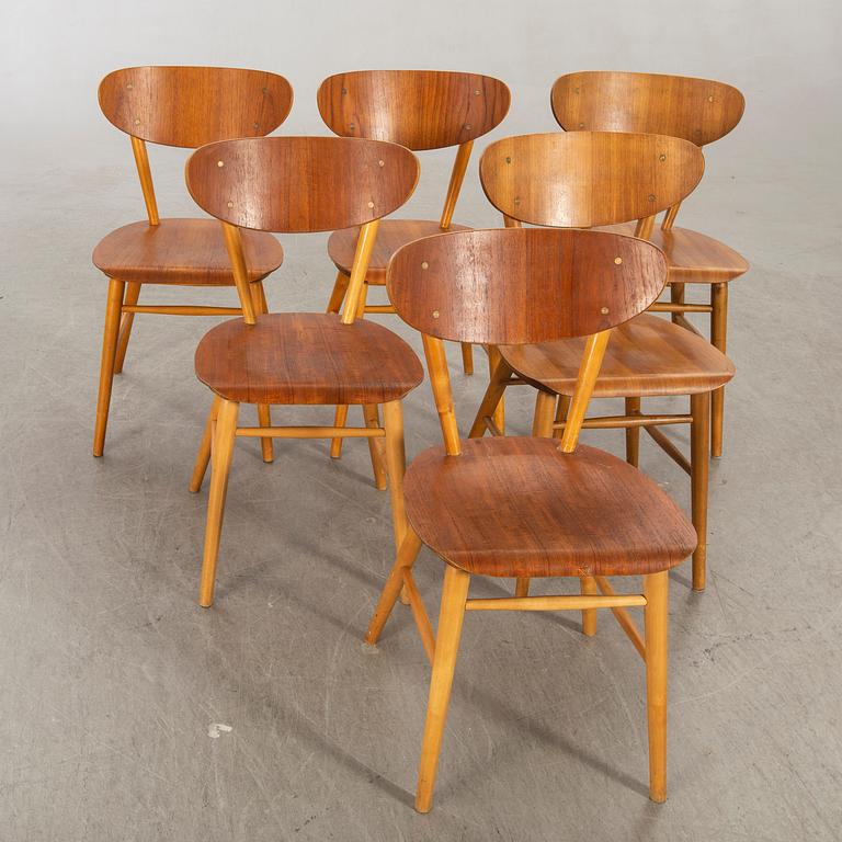 Stolar, teak och bok, 6 st, 1950-60-tal.