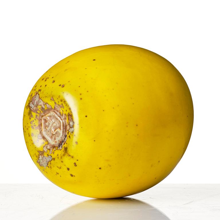 Hans Hedberg, a yellow glazed faience sculpture of an apple, Biot, France.